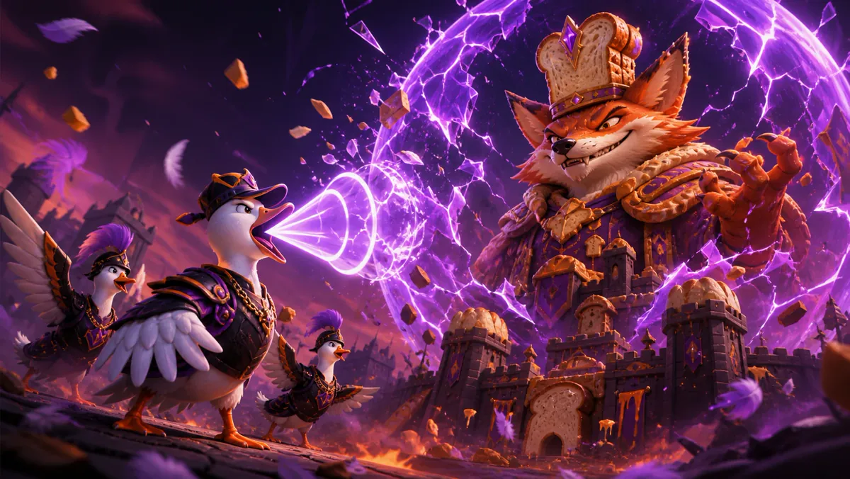 The flock honks at Breadstorm, a giant fox king in a bread crown, above his bread castle
