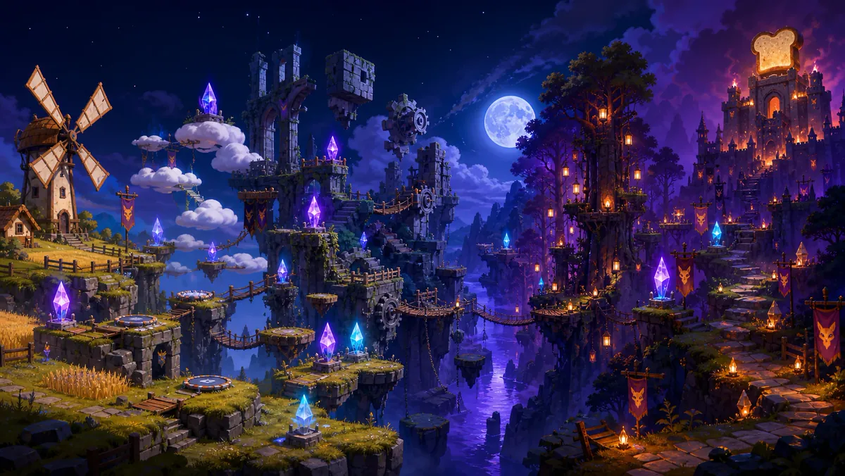 The goose world at night: windmill fields, floating ruins, glowing crystals and a bread castle