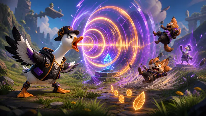 Deedz the goose honking, surrounded by sound waves